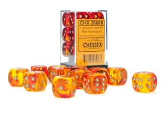 Chessex: Translucent Red-Yellow/Gold Gemini 12Ct D6 Dice Set 16mm Dice & Gaming Accessories Chessex