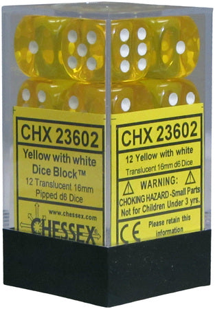 Chessex: Yellow / White Translucent 12Ct D6 16mm Dice & Gaming Accessories Chessex