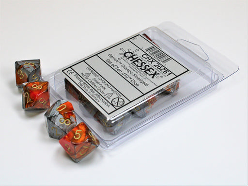 Chessex: Orange-Steel/Gold Gemini 10Ct D10 Dice Set Dice & Gaming Accessories Chessex