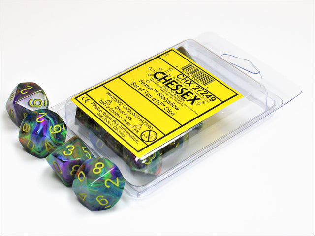 Chessex: Rio/Yellow Festive 10Ct D10 Dice Set Dice & Gaming Accessories Chessex