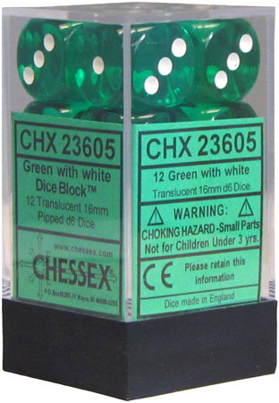 Chessex: 12Ct D6 Dice Set Translucent - Green/White (16mm) Dice & Gaming Accessories Chessex