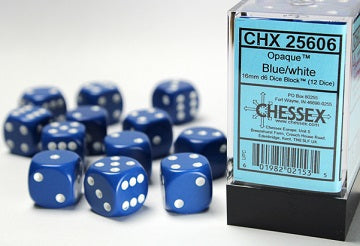 Chessex: Blue/White Opaque 12Ct D6 Dice Set: 16mm