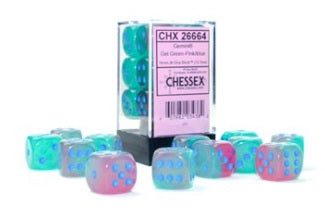 Chessex: Gel Green-Pink/Blue Luminary Gemini 12Ct D6 Dice Set: 16mm Dice & Gaming Accessories Chessex