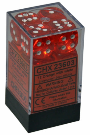 Chessex: 12Ct D6 Dice Set Translucent - Orange/White (16mm) Dice & Gaming Accessories Chessex