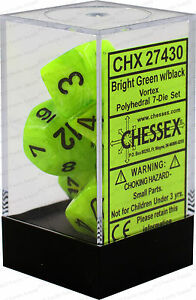 Chessex: 7-Die Set Vortex - Green/Black Dice & Gaming Accessories Chessex