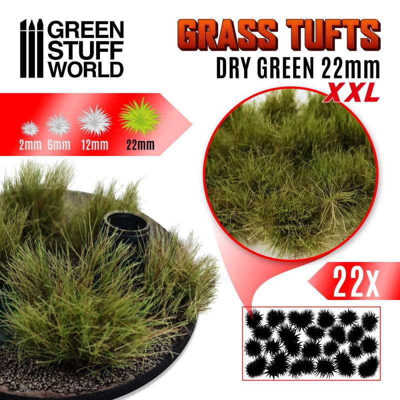 Green Stuff World: Grass Tufts XXL - Dry Green 22mm 22x Basing Materials Green Stuff World
